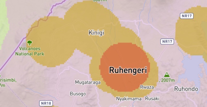 mobile network coverage map centred on ruhengeri and kinigi, with volcanoes national park marked