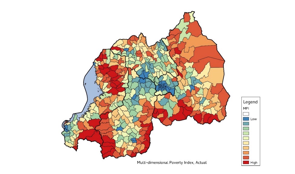 choropleth map of rwanda showing the multi-dimensional poverty index by sector, with the districts around the park highlighted