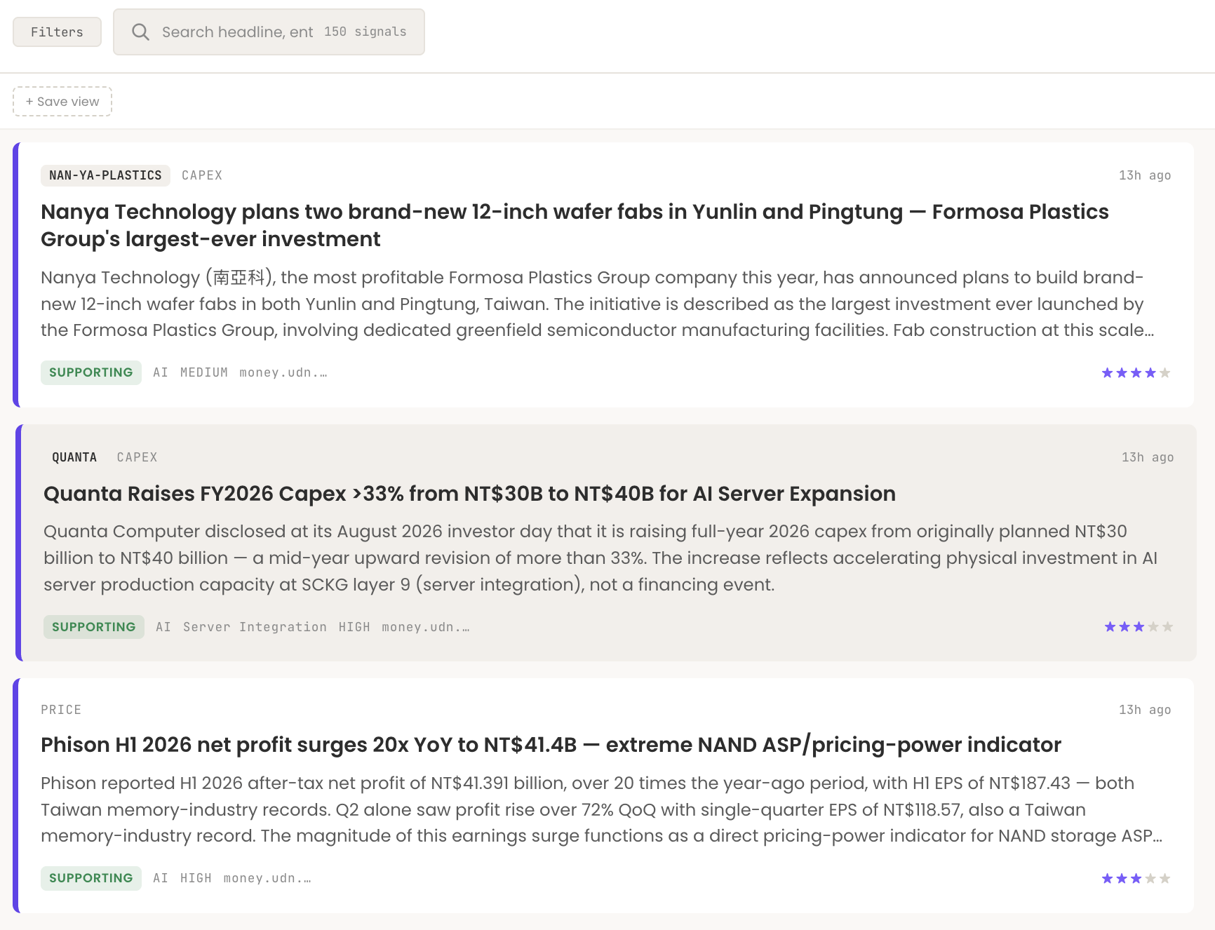 Monitoring feed showing company-linked capacity, pricing and capital-expenditure signals.